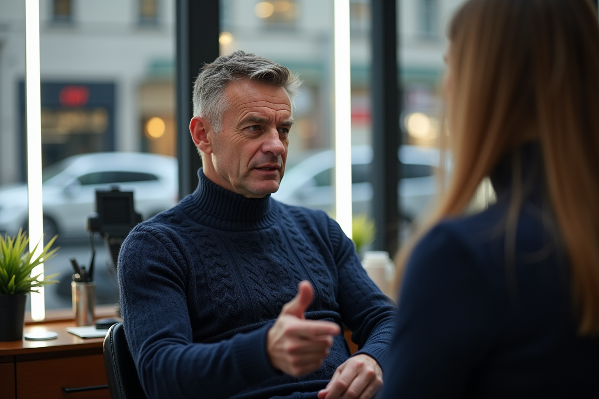 Homme discutant avec son coiffeur dans un salon urbain