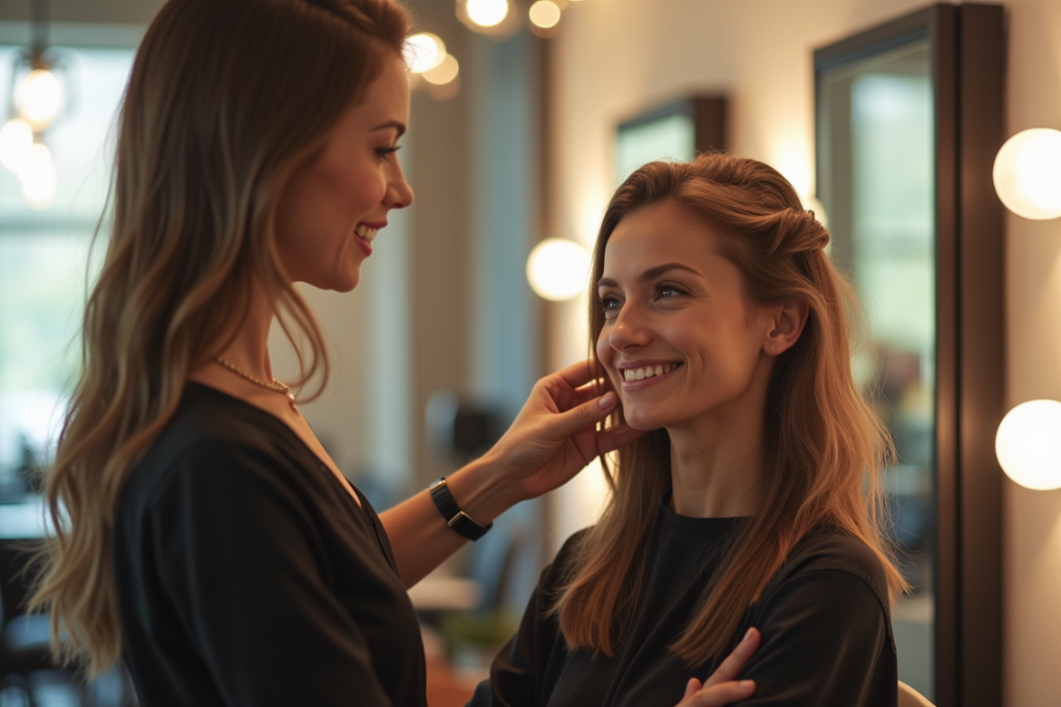 Coiffeur conseillant une cliente dans un salon lumineux