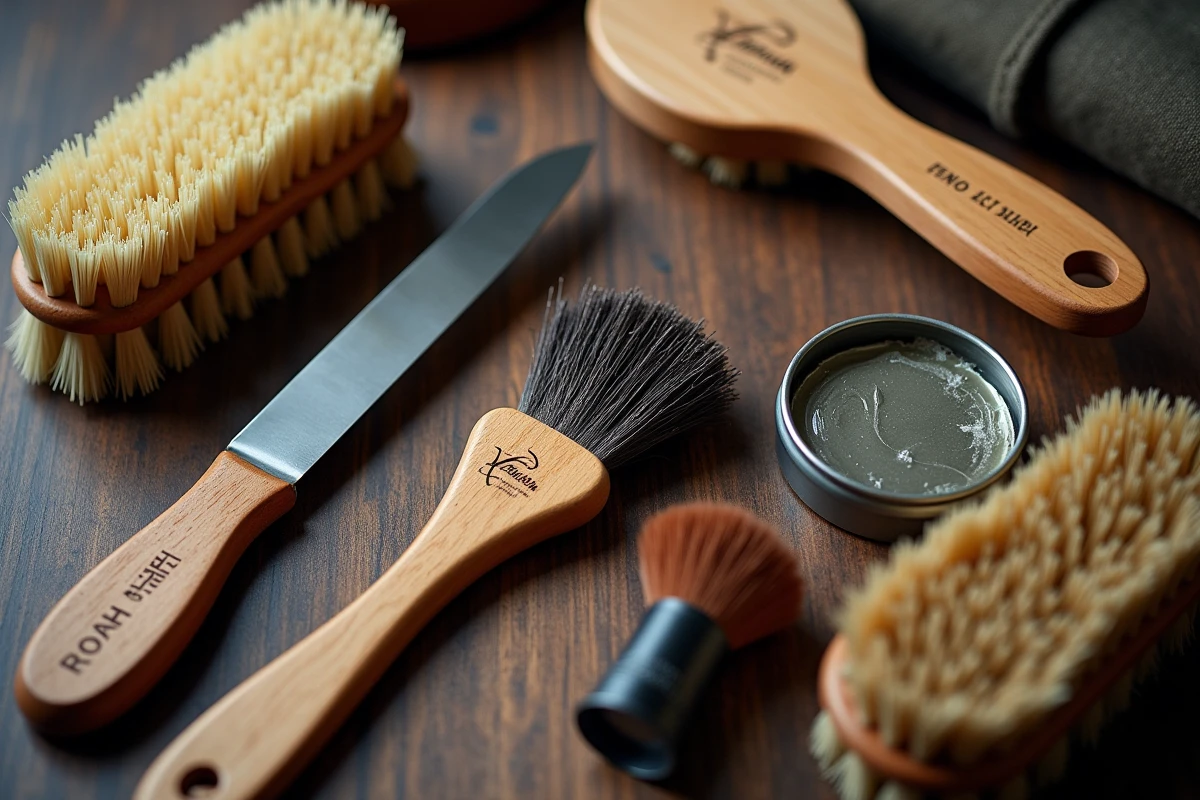 Collection de brosses à chaussures professionnelles en crin de cheval disposées sur une surface en bois avec cirage et chiffon de polissage