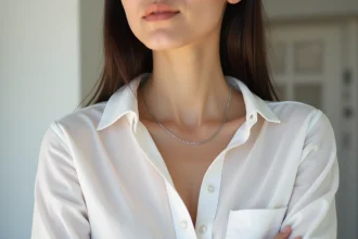 Femme portant un collier choker en argent sur une chemise blanche, mise en valeur en portrait rapproché dans un appartement minimaliste