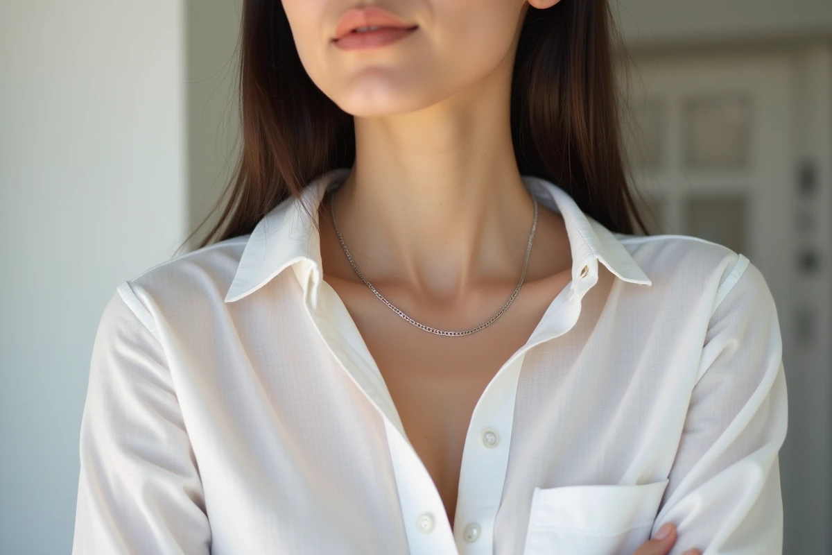 Femme portant un collier choker en argent sur une chemise blanche, mise en valeur en portrait rapproché dans un appartement minimaliste