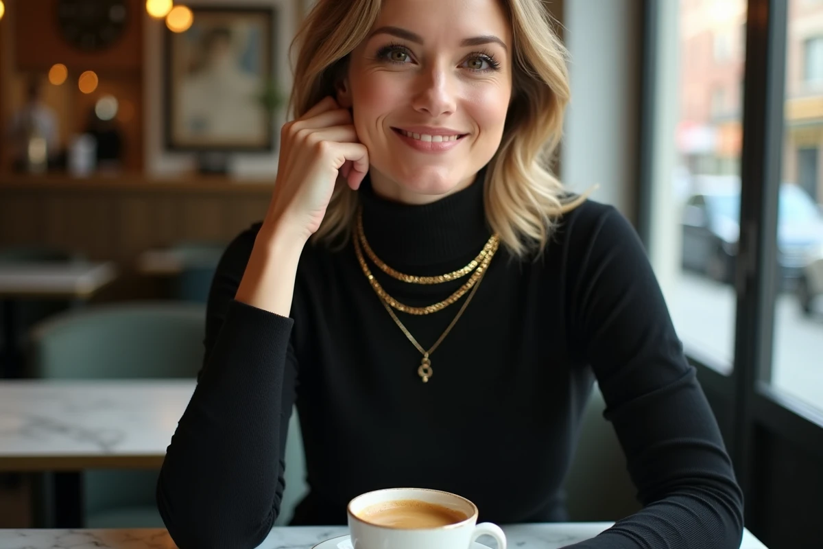 Femme avec un collier choker en or superposé sur un col roulé noir, assise dans un café avec une ambiance urbaine en arrière-plan