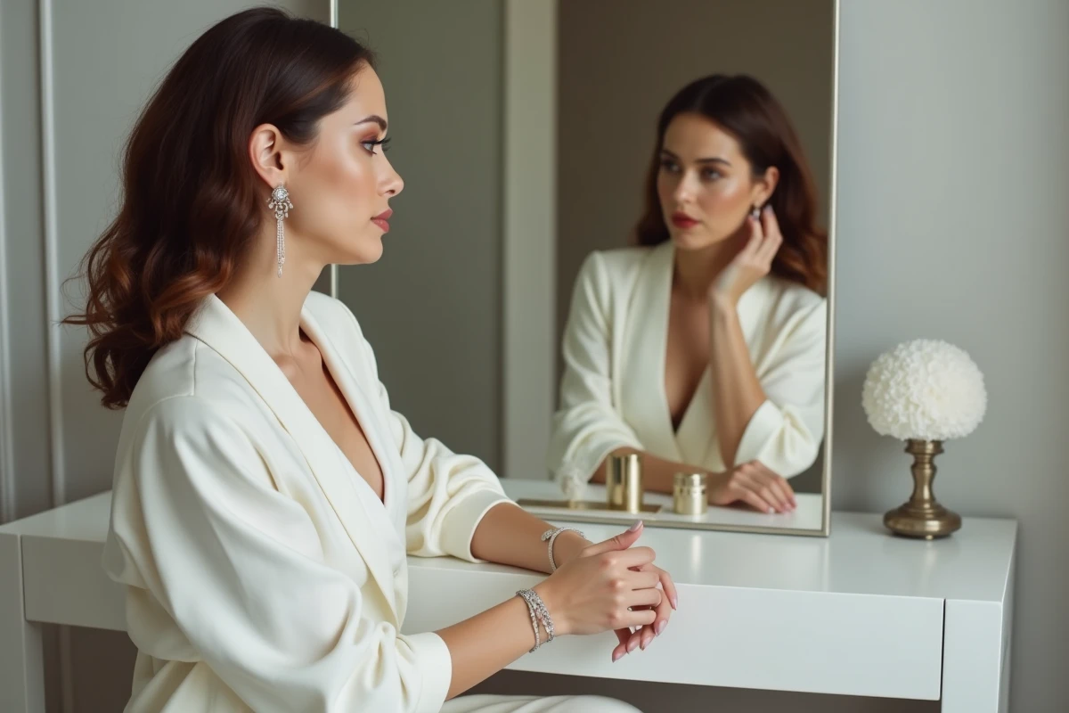 Femme en combinaison blanche soirée avec accessoires argentés, boucles d'oreilles et bracelet en argent pour un style contemporain