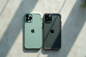 Comparaison côte à côte d'une coque iPhone 14 Plus en silicone vert sauge et d'une coque rigide transparente sur surface en béton