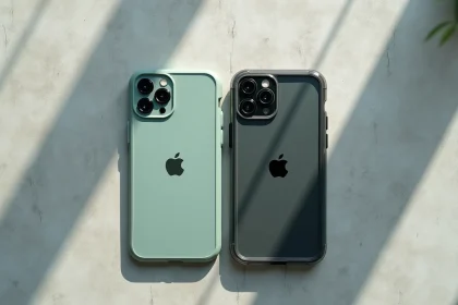 Comparaison côte à côte d'une coque iPhone 14 Plus en silicone vert sauge et d'une coque rigide transparente sur surface en béton