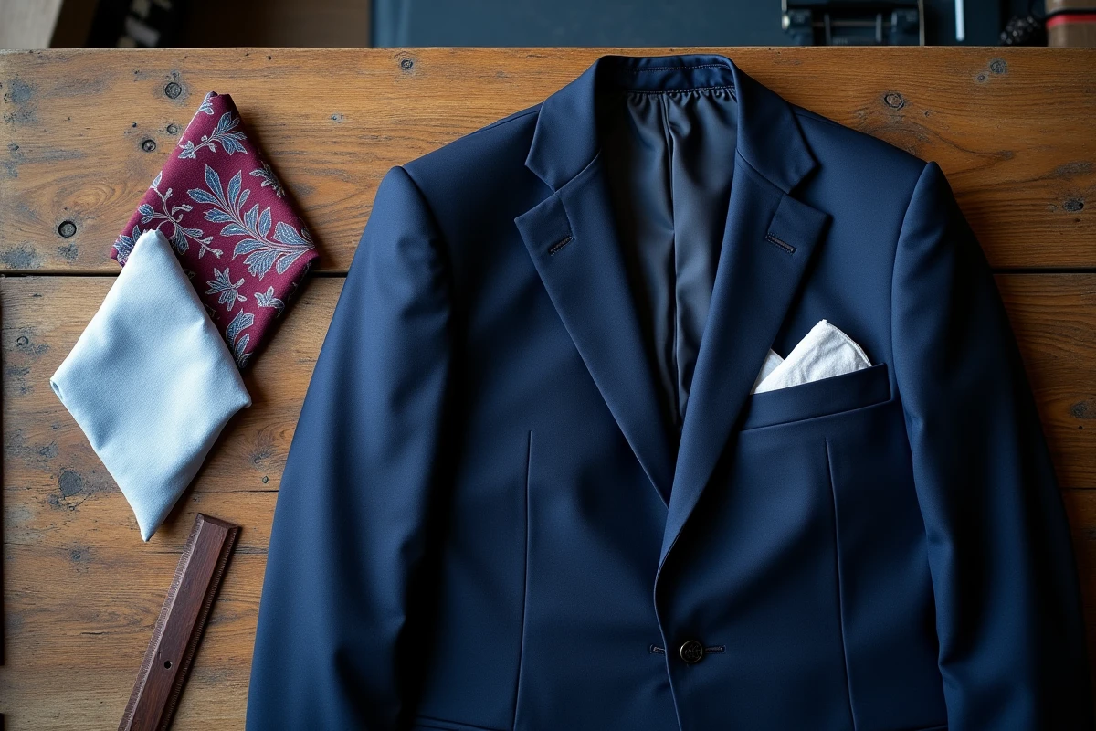 Comparaison de trois pochettes de costume pliées différemment posées à côté d'une veste bleu marine