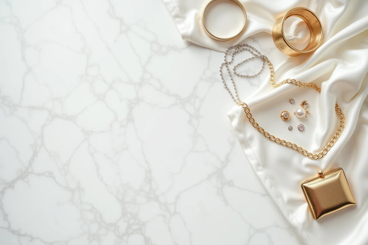 Flat lay élégant d'une robe blanche de soirée entourée d'accessoires dorés et argentés sur marbre blanc pour comparer les deux options