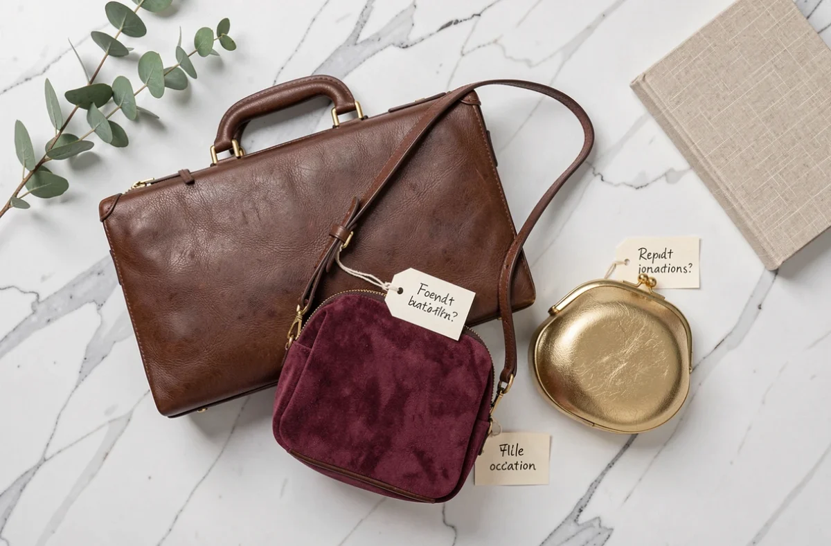 Comparaison de trois types de sacs pour femme : cartable bureau, sac bandoulière et minaudière soirée en flat-lay