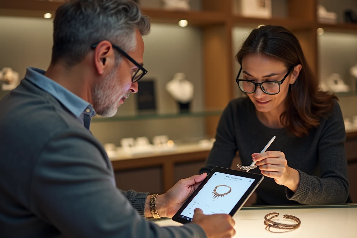Client et bijoutier consultant l'interface de personnalisation d'un bracelet photo en boutique