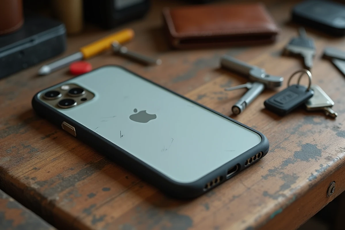 Coque rigide dépoli pour iPhone 14 Plus montrant des rayures d'usure réelle posée sur une table en bois de workshop