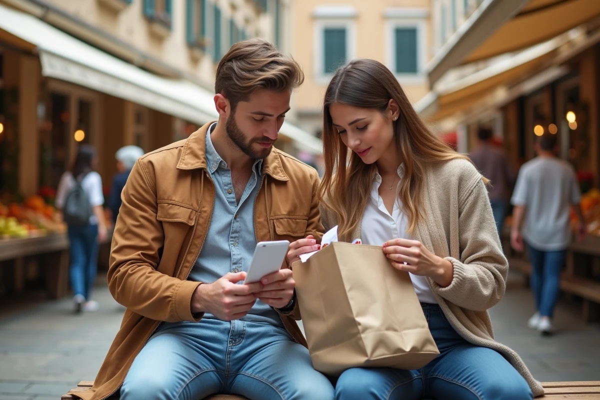 Couple examinant leurs achats dans un sac réutilisable lors d'une braderie, assis sur un banc avec des étiquettes de prix et des articles chinés
