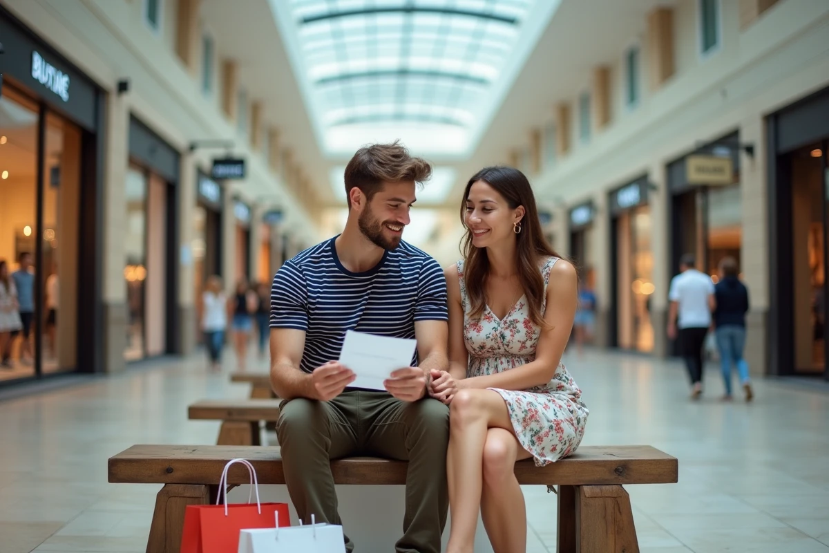Couple vérifiant leur budget et leurs achats assis dans le centre commercial Macarthur Miramas, ambiance shopping malin