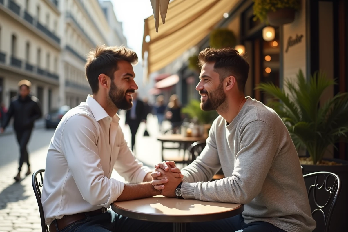 Couple d'hommes portant des bagues Cartier Love assorties attablés en terrasse de café parisien