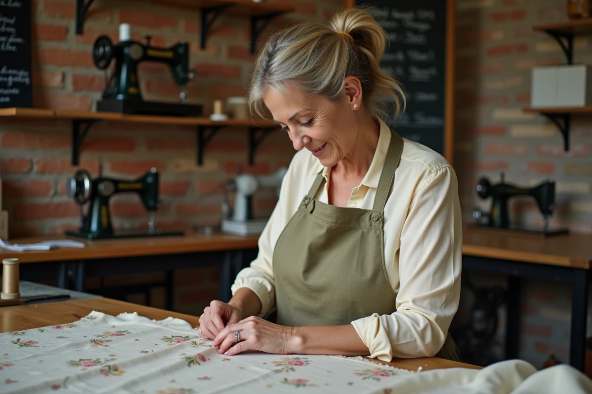 Couturière professionnelle dans son atelier épinglant un tissu floral sur un établi en bois avec des tarifs de retouche inscrits sur un tableau noir en arrière-plan