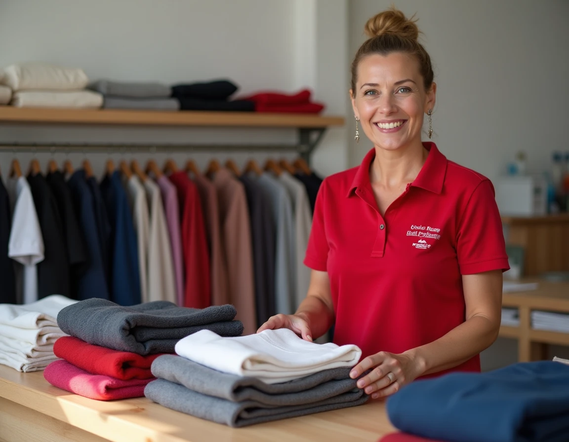 Boutique vestimentaire de la Croix-Rouge à Saint-Quentin avec des vêtements triés par couleur et une bénévole en polo rouge