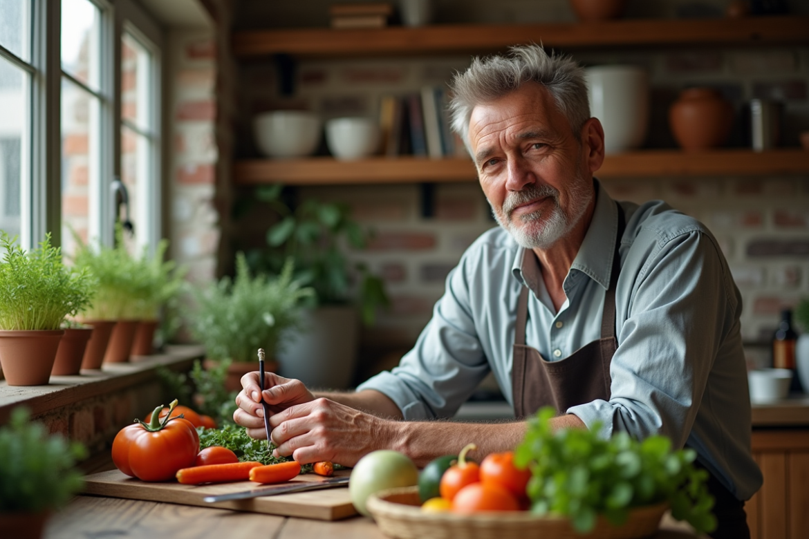 Homme dans sa cinquantaine avec légumes frais dans une cuisine chaleureuse