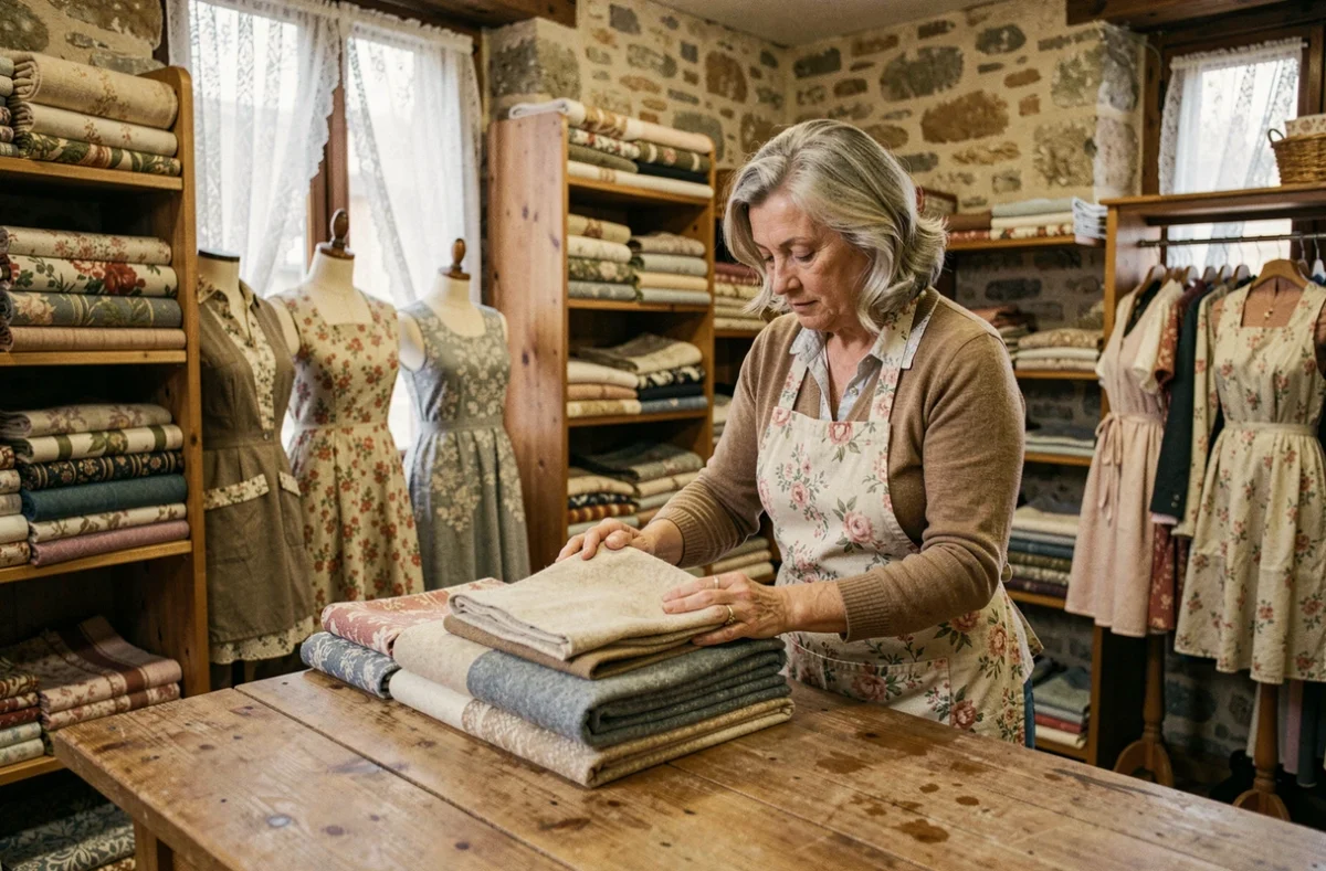 Boutique Dealeuse de Chiffons à Saint-Étienne avec murs en pierre, textiles vintage pliés et vendeuse arrangeant des écharpes sur un comptoir en bois