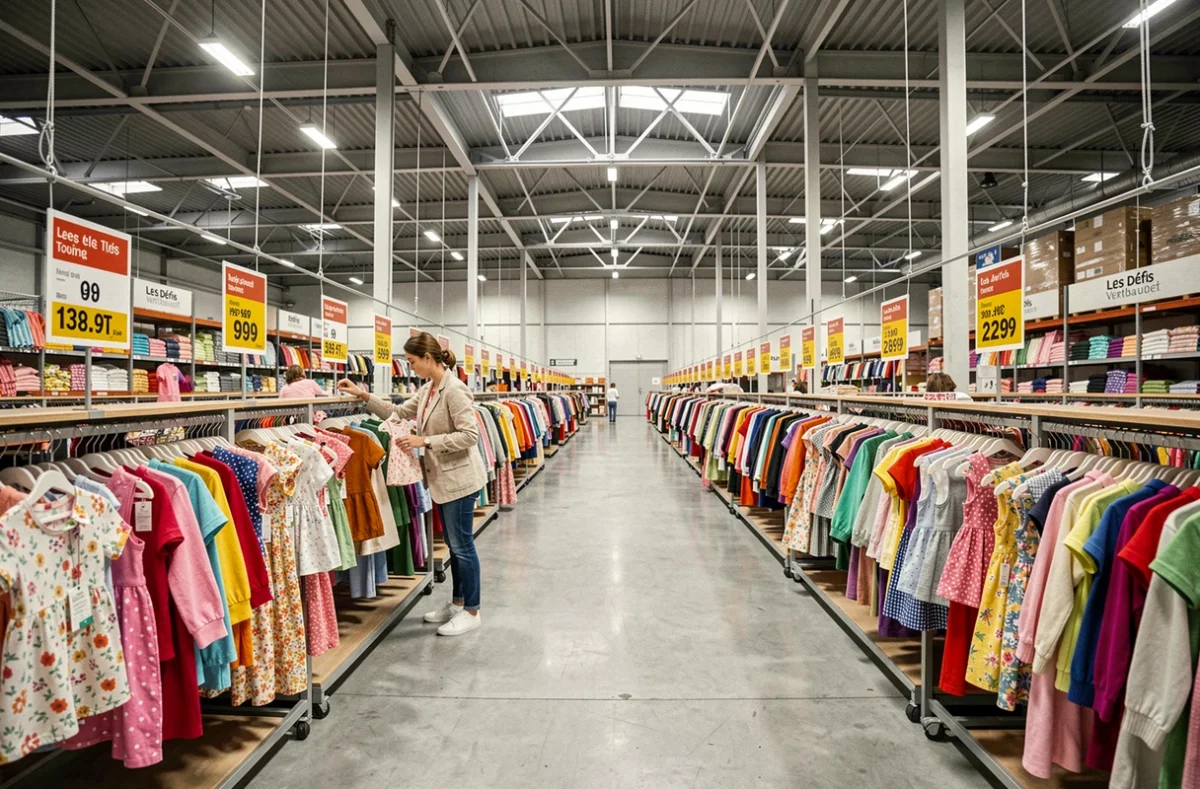 Intérieur de l'outlet Les Défis Vertbaudet à Tourcoing avec des rayons de vêtements enfants en promotion