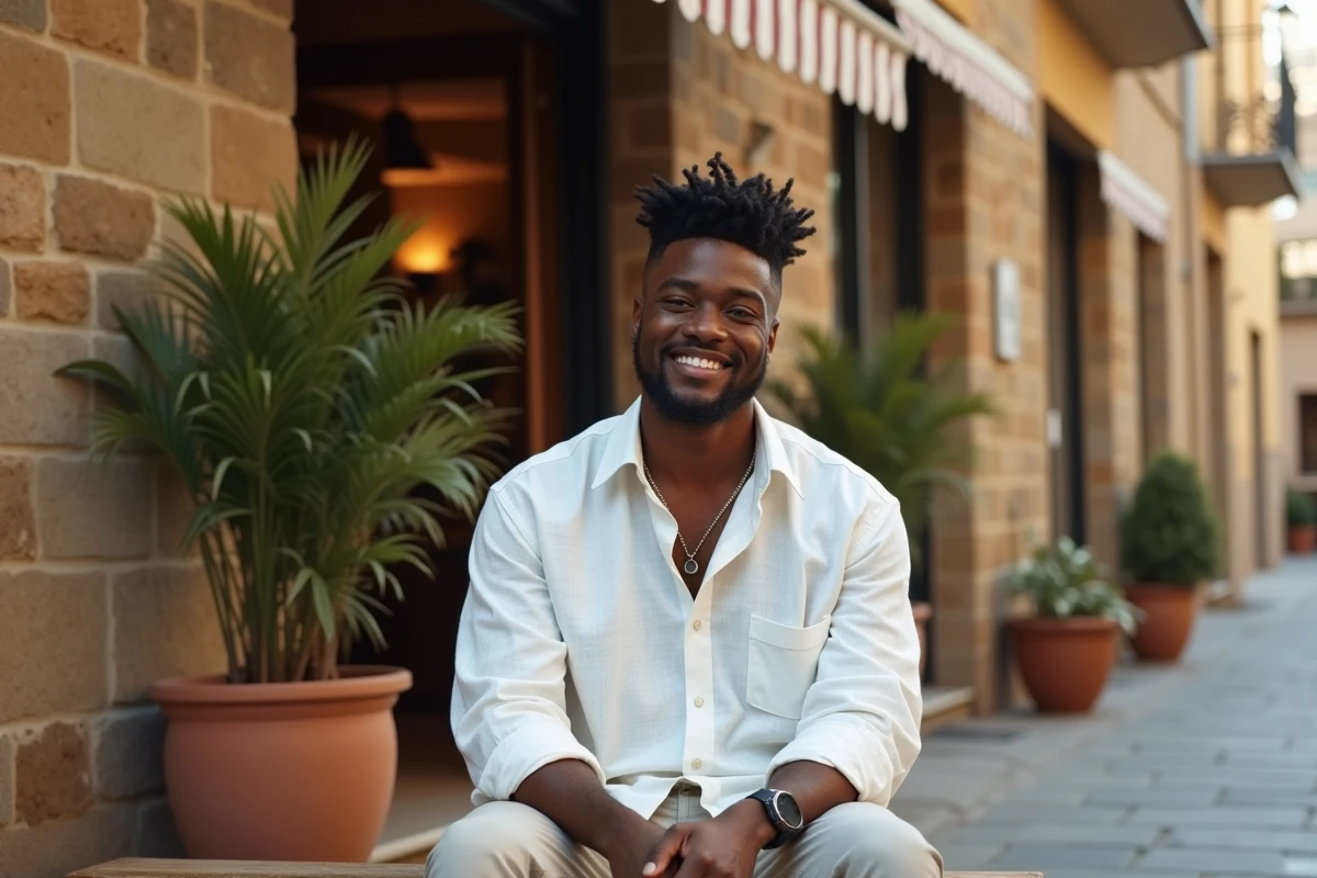 Jeune homme avec un dégradé espagnol haut assis devant un barbershop en façade de rue avec ambiance méditerranéenne ensoleillée