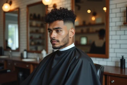 Jeune homme aux cheveux bouclés avec un dégradé espagnol bas réalisé dans un barbershop moderne aux murs en carrelage blanc
