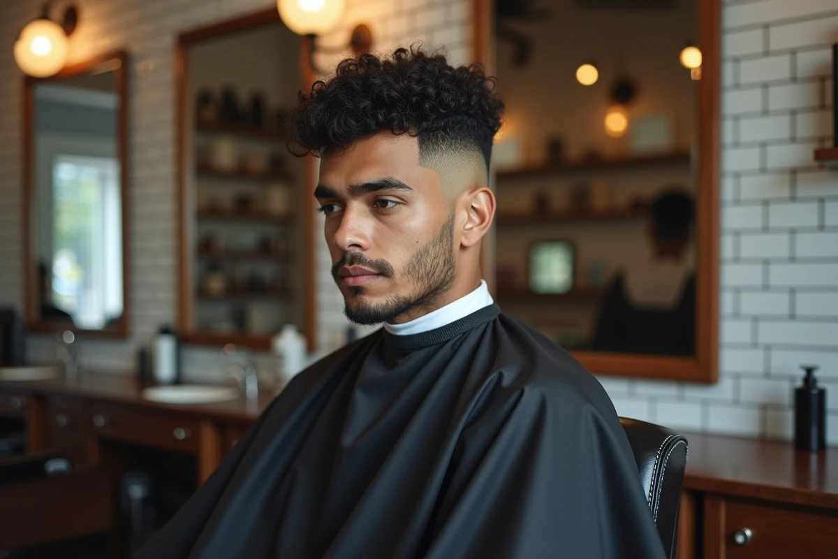 Jeune homme aux cheveux bouclés avec un dégradé espagnol bas réalisé dans un barbershop moderne aux murs en carrelage blanc