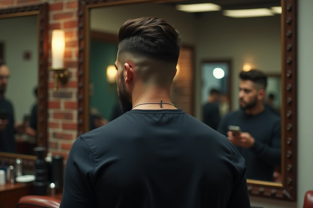 Homme de dos montrant un dégradé espagnol net avec une coupe en fondu remontant de la nuque dans un salon de barbier artisanal