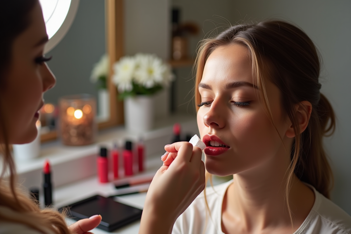 Mannequin de maquillage montrant la technique de transfert de rouge à lèvres
