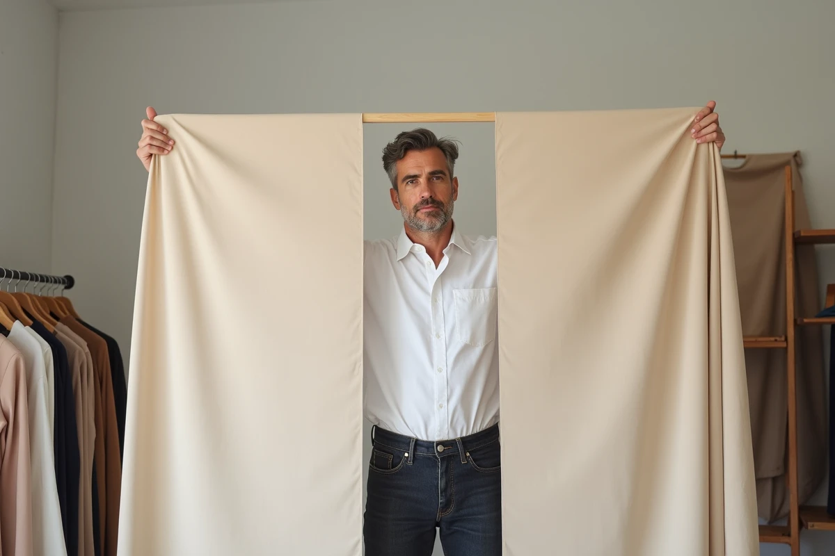 Designer de mode tenant deux tissus dans son studio minimaliste