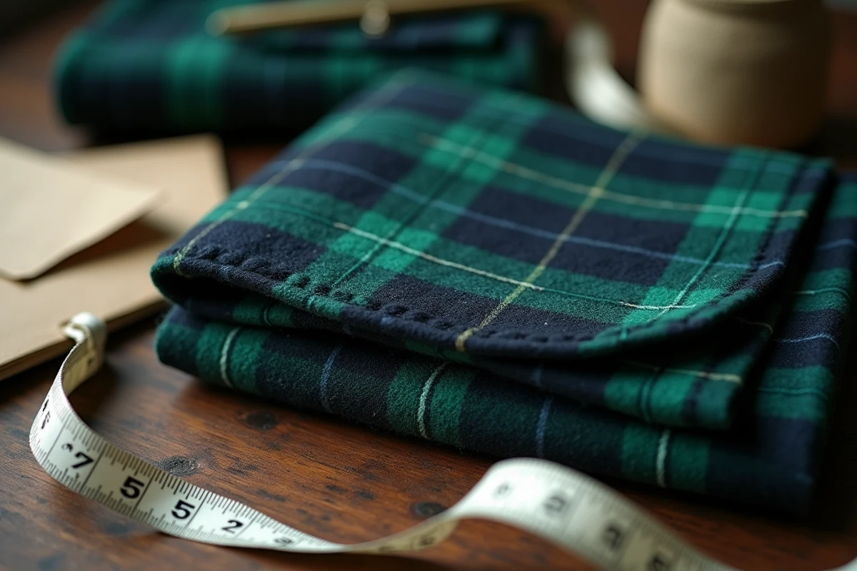Détail de la texture d'un kilt irlandais en laine vert foncé et marine avec mètre ruban et étiquette tissu sur table en bois rustique