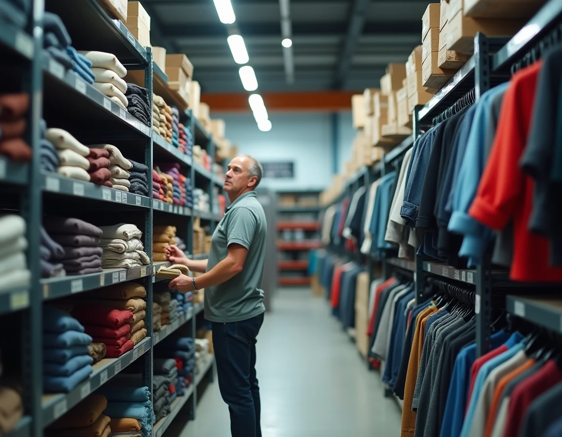 Intérieur du Ding Fring par Le Relais à Laon avec des bénévoles triant des vêtements sur des étagères industrielles