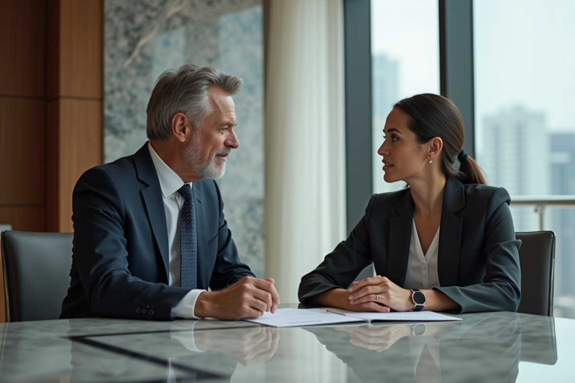 Homme d'affaires et femme en discussion dans un bureau élégant