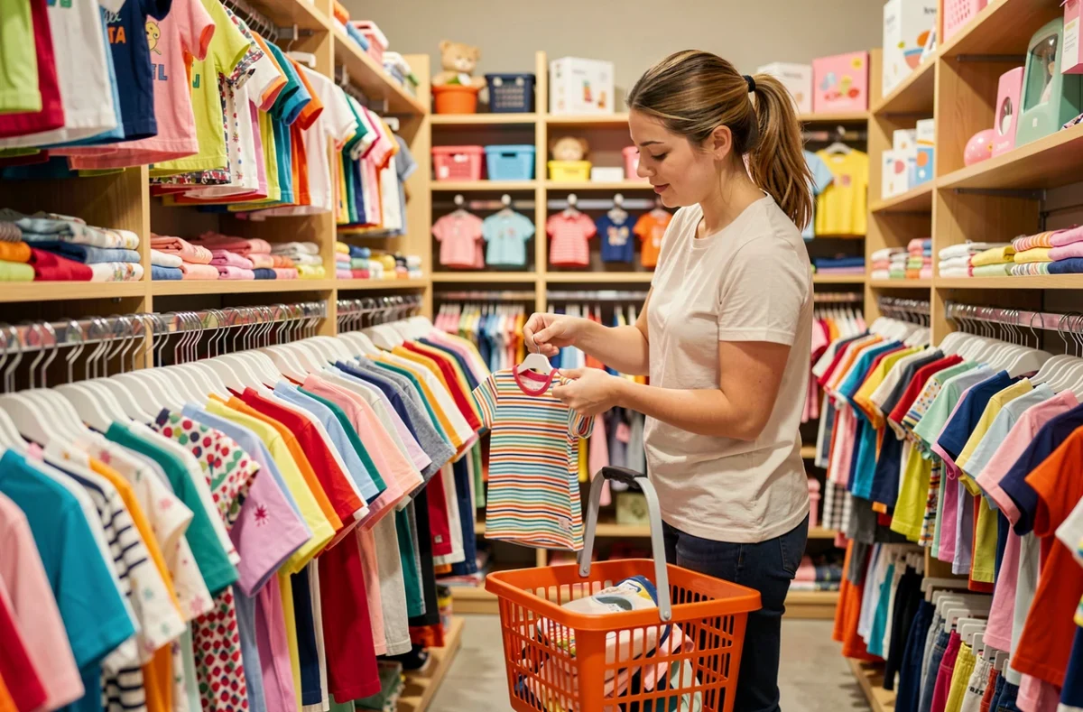 Intérieur d'une boutique Du Pareil Au Même à Lille avec des vêtements colorés pour enfants soigneusement exposés