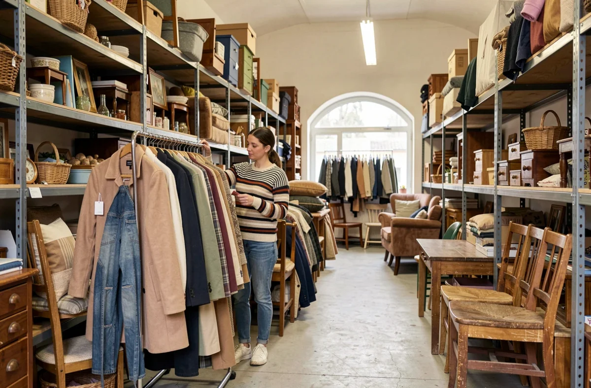 Magasin Emmaüs de Saint-Quentin avec des vêtements et des objets de seconde main exposés sur de larges étagères