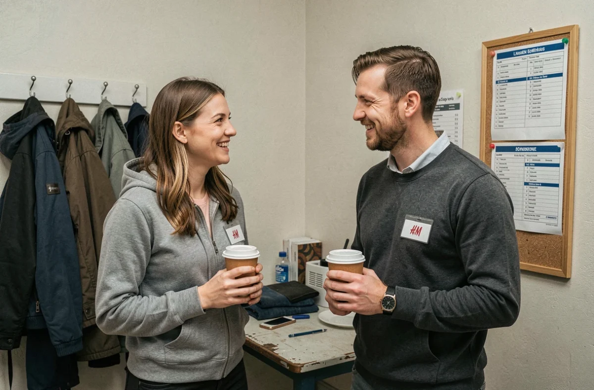Deux employés H&M en pause dans la salle du personnel, échangeant autour d'un café