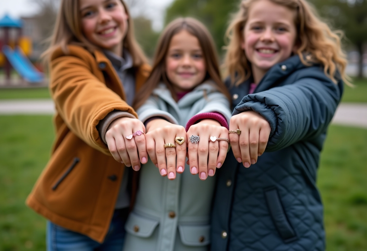 Trois préadolescentes montrant leurs bagues cœur dans un parc