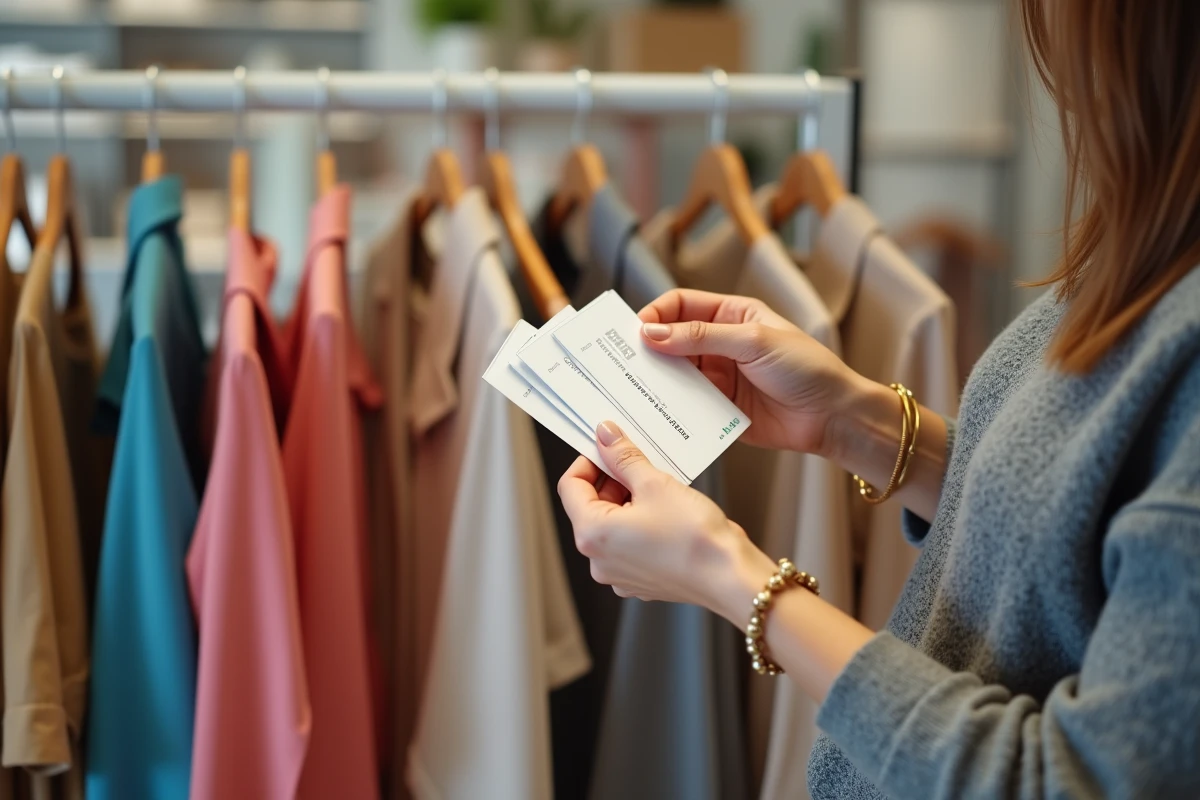 Gros plan sur des étiquettes de prix et une carte fidélité dans un magasin soldeur du centre commercial Macarthur Miramas