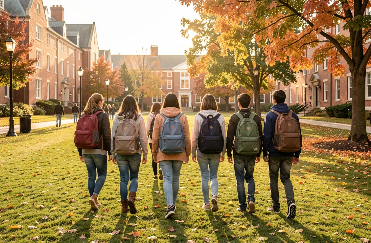 Étudiants traversant un campus avec leurs sacs à dos
