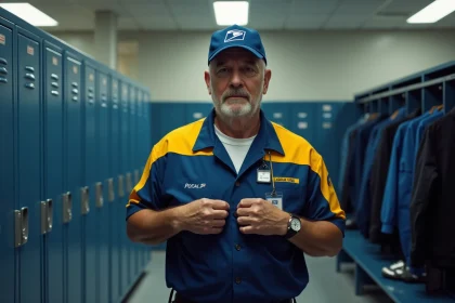 Facteur postal ajustant son uniforme dans une salle de casiers