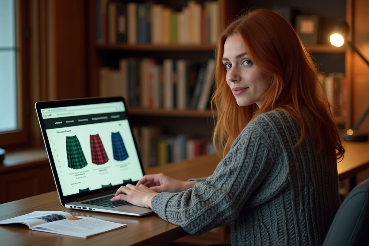 Femme recherchant un kilt irlandais pas cher sur un ordinateur portable dans un bureau à domicile cosy