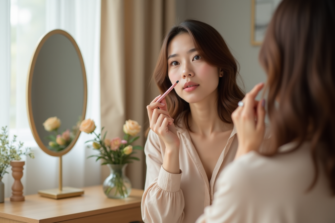 Femme appliquant du rouge à lèvres rose dans sa chambre lumineuse