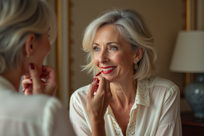 Femme élégante appliquant rouge à lèvres en miroir