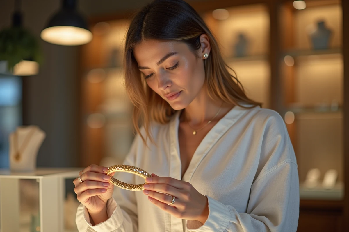 Femme examinant un bracelet jonc en or dans une bijouterie avant achat