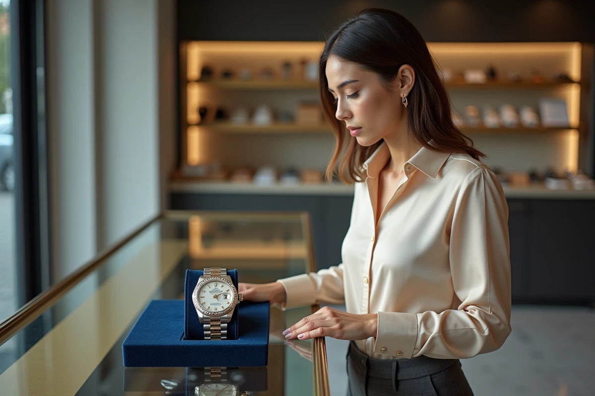 Femme professionnelle examinant une Rolex Day-Date dans une boutique de montres de luxe, évoquant l'acte d'achat réfléchi d'une pièce horlogère haut de gamme