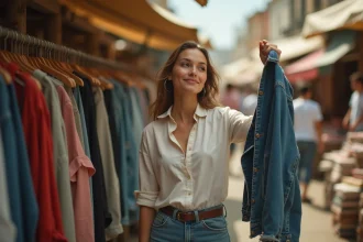 Femme inspectant une veste vintage sur un stand de braderie en plein air, entourée de vêtements et d'accessoires d'occasion