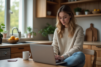 Jeune femme en sweater consulte des offres sur son ordinateur