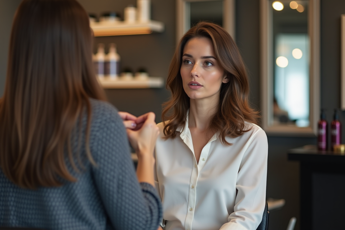 Femme parlant calmement avec son coiffeur dans un salon moderne