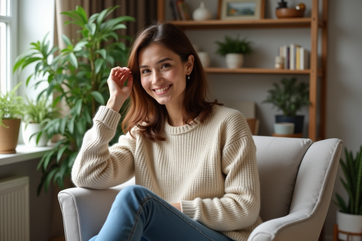 Femme assise dans un salon lumineux et cosy