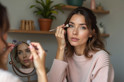 Femme appliquant du contouring dans son miroir