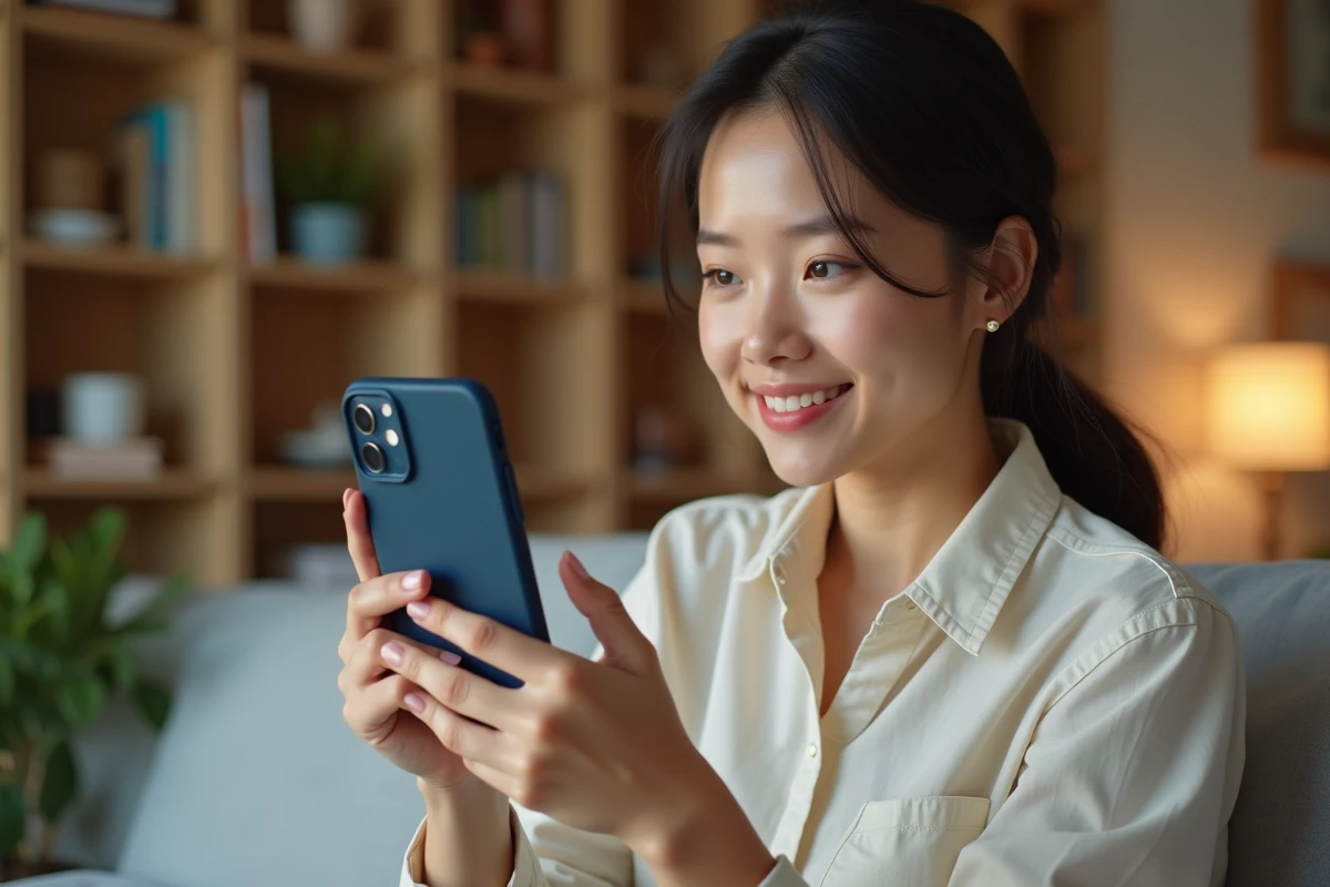 Femme tenant un iPhone 14 Plus avec une coque en silicone bleu marine dans un salon moderne et lumineux