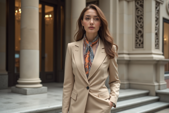 Femme élégante en tailleur beige devant un bâtiment historique